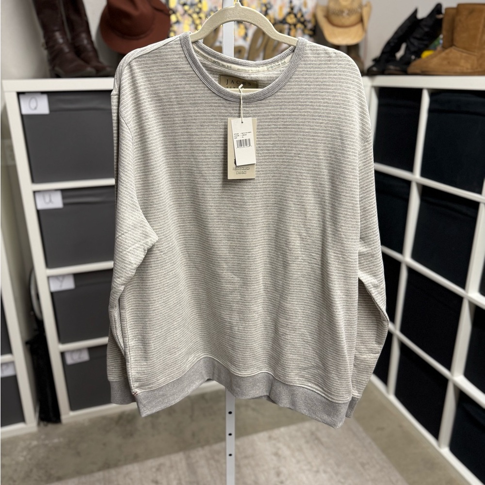 Jachs New York Recycled Sustainable Fleece Crew Neck Gray Striped Sweater NWT